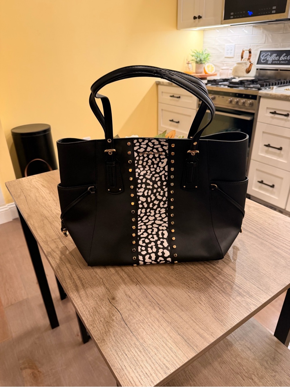 Michael Kors Black Tote Bag with Cheetah-Print Stripe